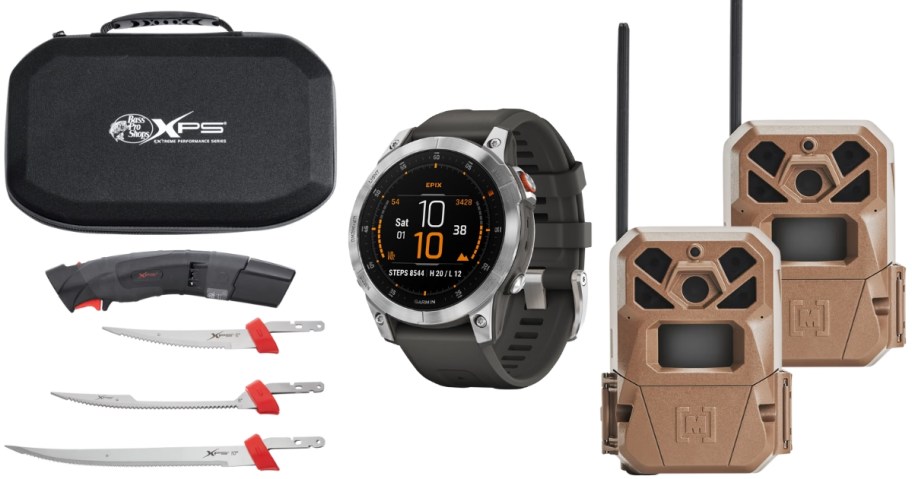 a set of fileting fish knives, a black Garmin GPS watch and a set of 2 trail cameras