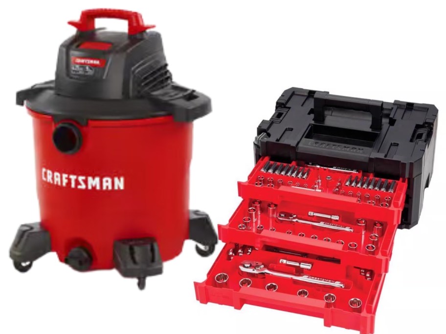 a red and black Craftsman shop vac and a red and black Craftsman tool box open showing tools