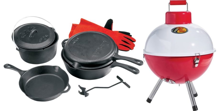 a black cast iron cookware set and red gloves and a red and white tabletop Bass Pro grill that looks like a fishing bobber