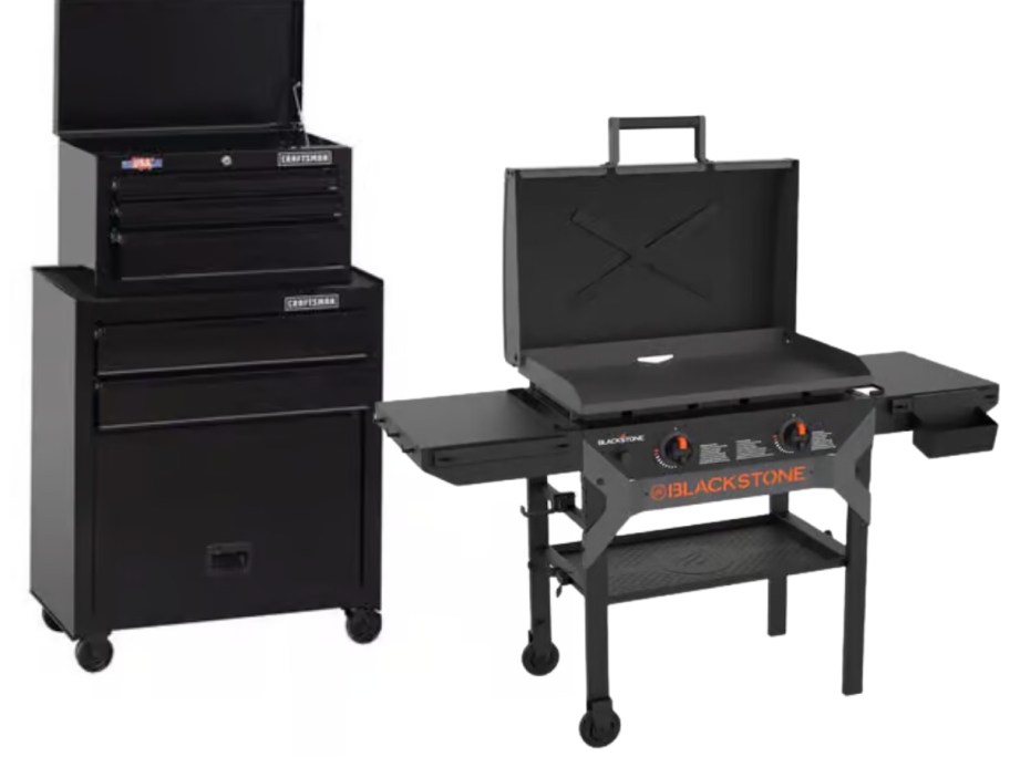 a black tall Craftsman tool chest and a Blackstone griddle
