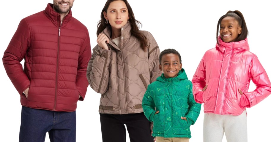 man, woman, little boy, and teen girl wearing winter coats