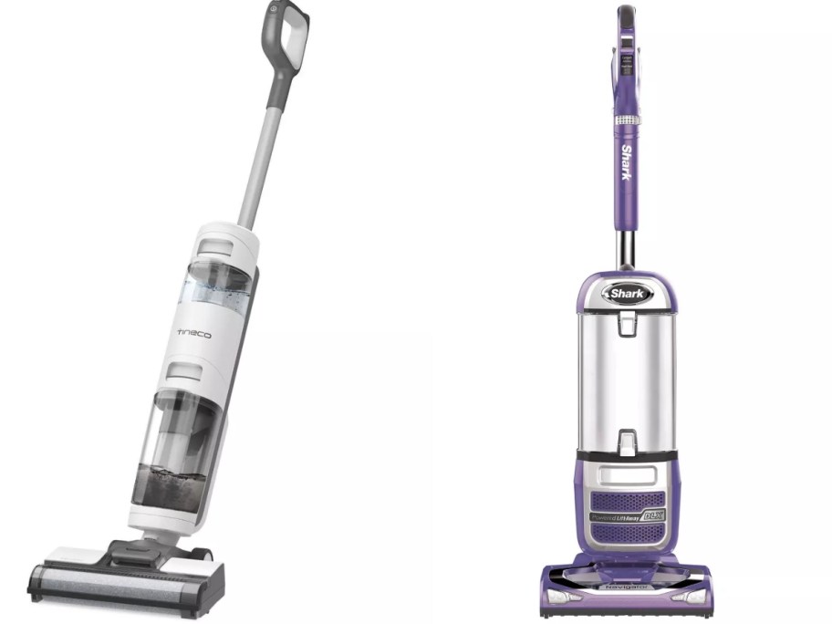 a white and black Tinecoo vacuum and a purple Shark vacuum