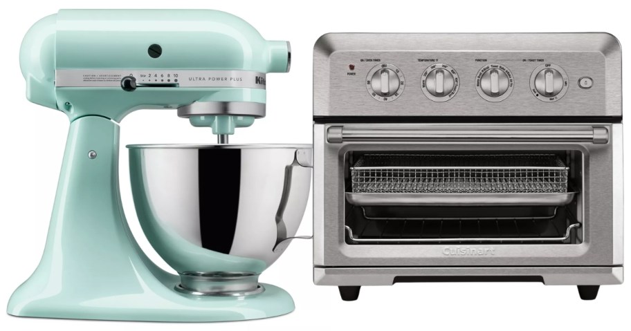 a light blue Kitchean Aid stand mixer with stainless steel bowl and a stainless steel Cuisinart Toaster Oven