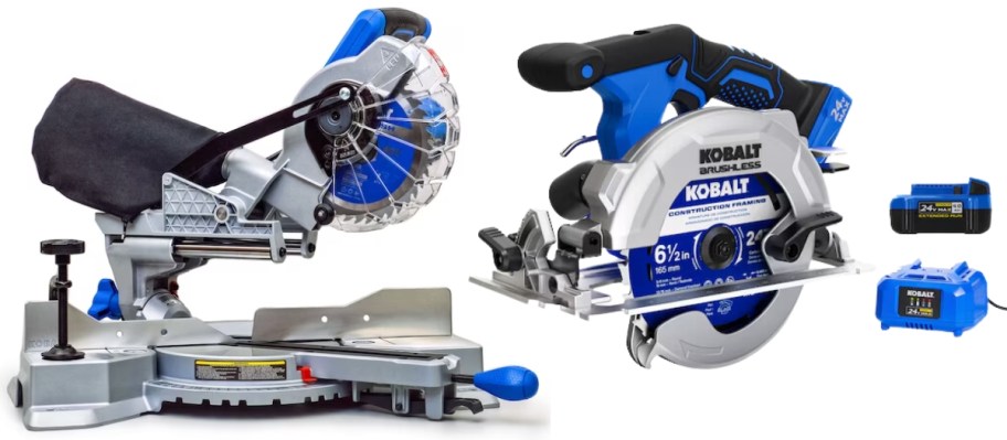 two Kobalt saws, one is miter and one is circular saw