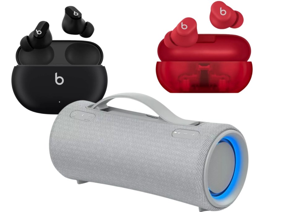 black and red Beats ear buds with charging cases and a grey Sony blue tooth speaker