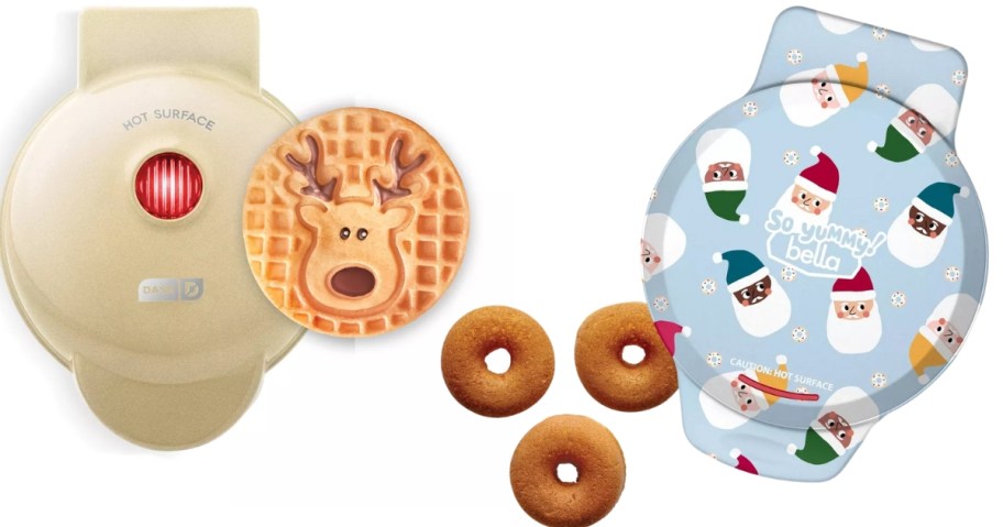 a tan Dash mini waffle maker with a mini waffle with a reindeer on it and a blue mini donut maker with snowman on it, mini donuts next to it