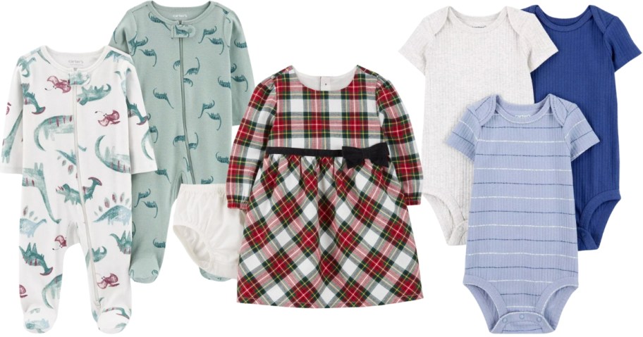 baby footie pajamas red plaid holiday baby dress and matching diaper cover, and 3 baby bodysuits