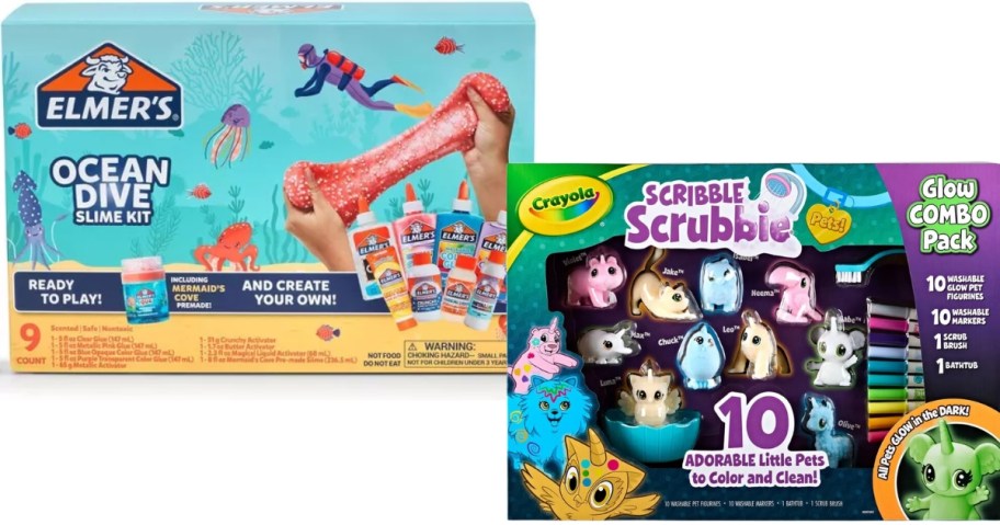 a box with an Elmer's Ocean Dive Slime Kit and a box with a Crayola Scribble Scrubble activity set