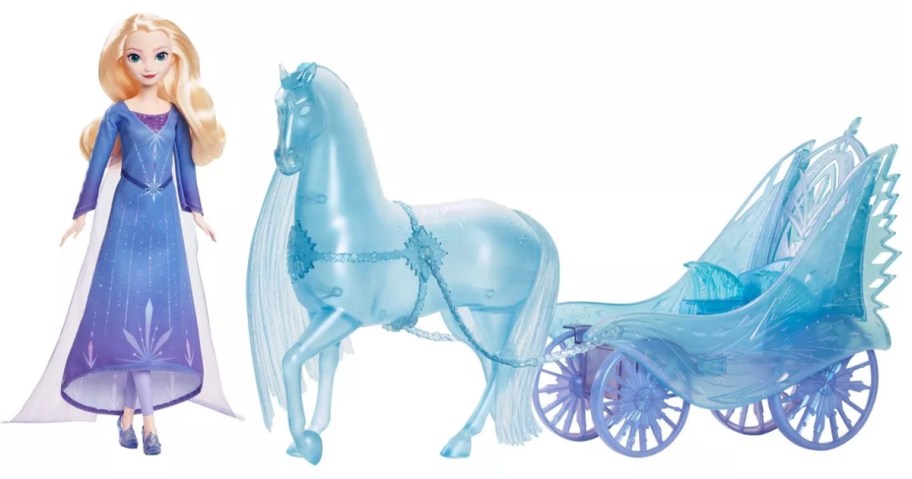 a Disney Frozen Elsa doll and horse and carriage set