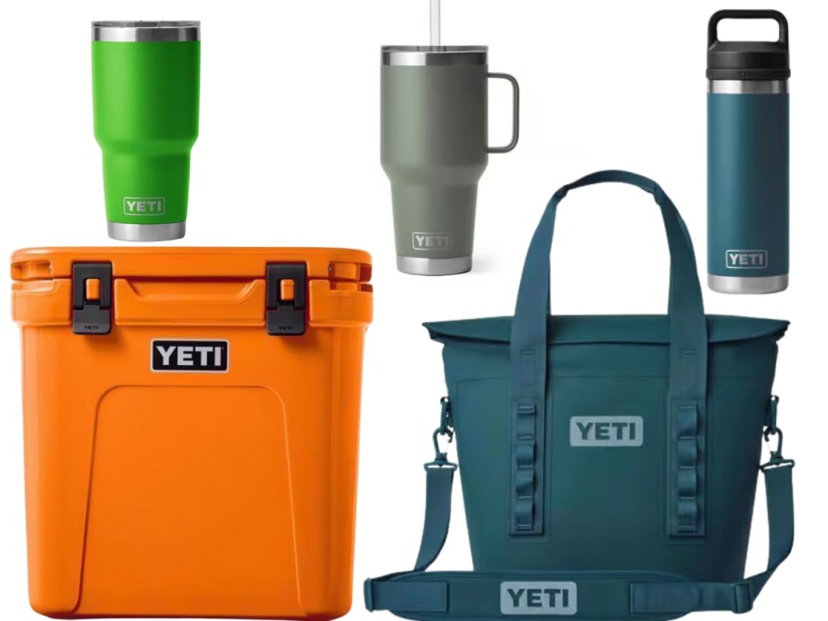 an orange YETI cooler, a blue YETI cooler bag, bright green, greyish green and blue YETI tumblers and water bottles