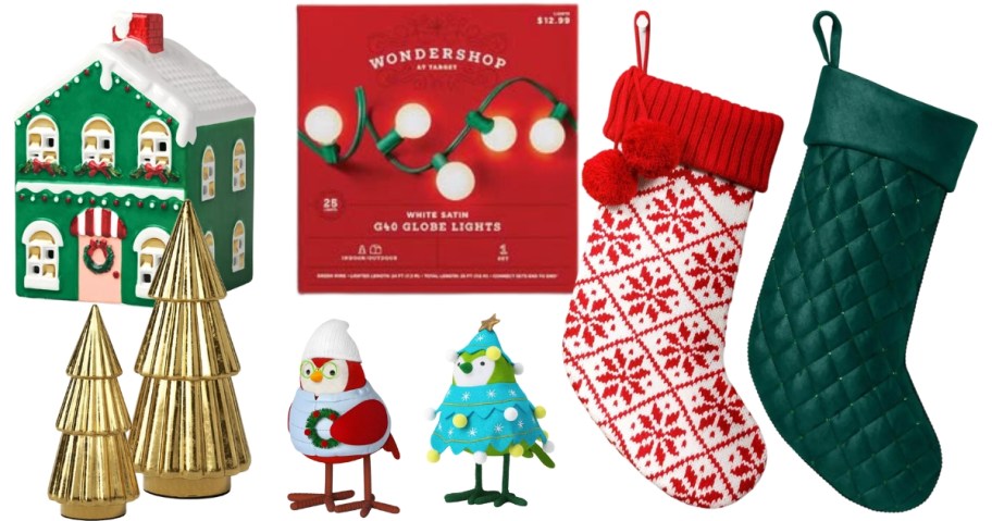 holiday decor including a light up ceramic house, gold ceramic trees, birds in holiday clothing, a box of Christmas lights, and a red and white fair aisle print stocking and a green quilted stocking