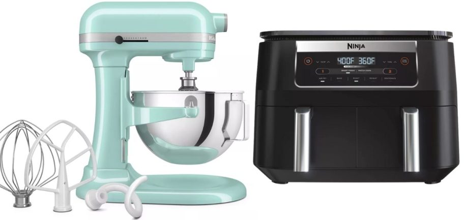 a light blue Kitchenaid stand mixer and accessories and a black Ninja Foodi air fryer