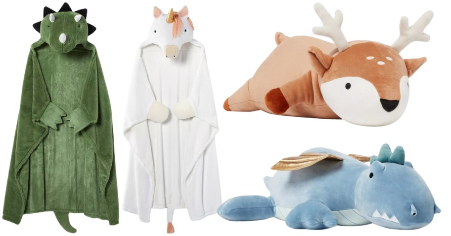kids green monster and white unicorn hooded blankets and large plush deer and dragon stuffed animals