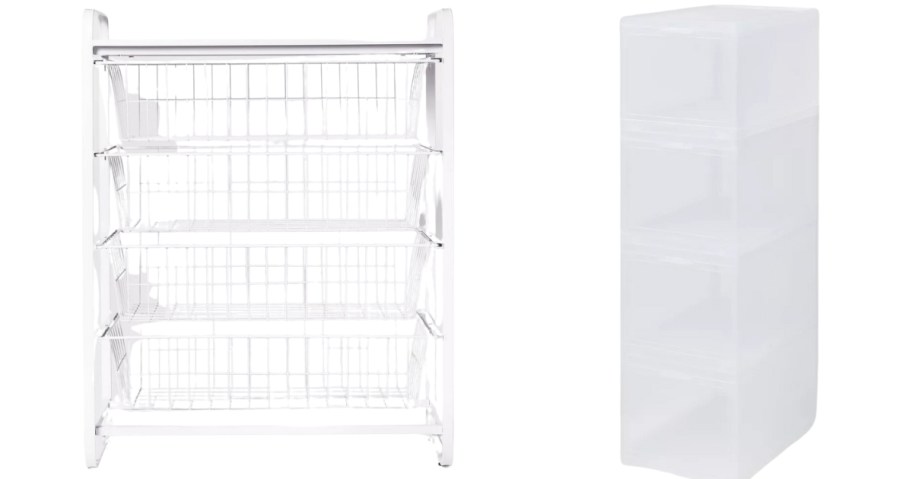 a white metal 4 drawer organizer and a slimmer white plastic 4 drawer bin organizer
