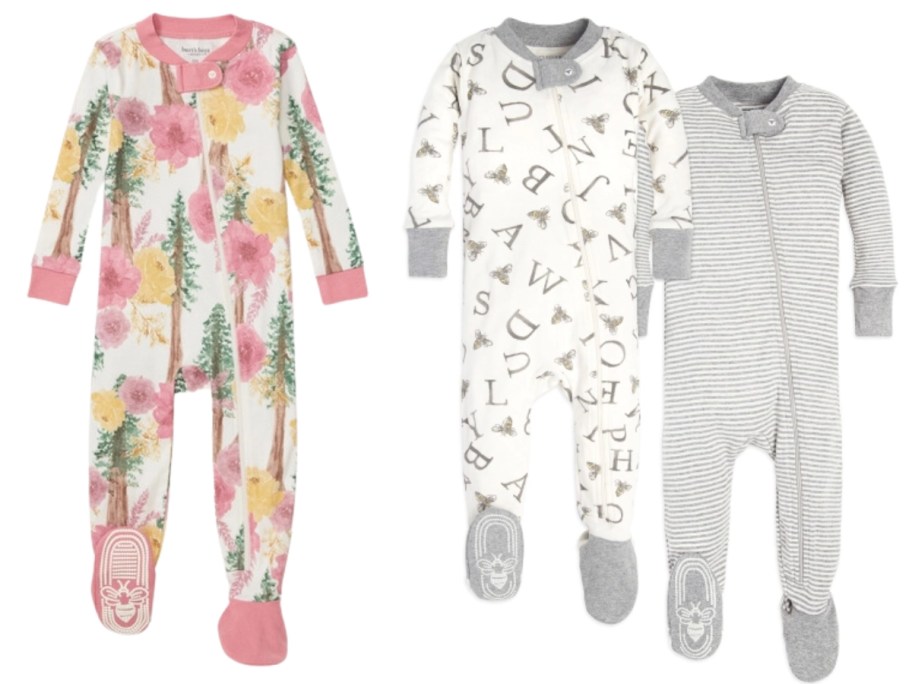 a baby footed long sleeve pajama with pink flowers and green tees and 2 pair of baby footed pajamas, one is grey with letters, the other is grey with white stripes