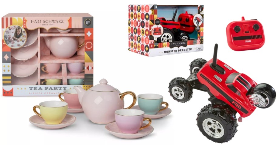 a kids tea party set and a kids red remote control car and controller
