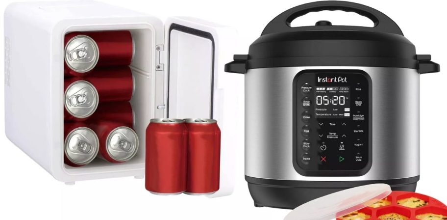 a mini white fridge with red soda cans, and an Instant Pot cooker