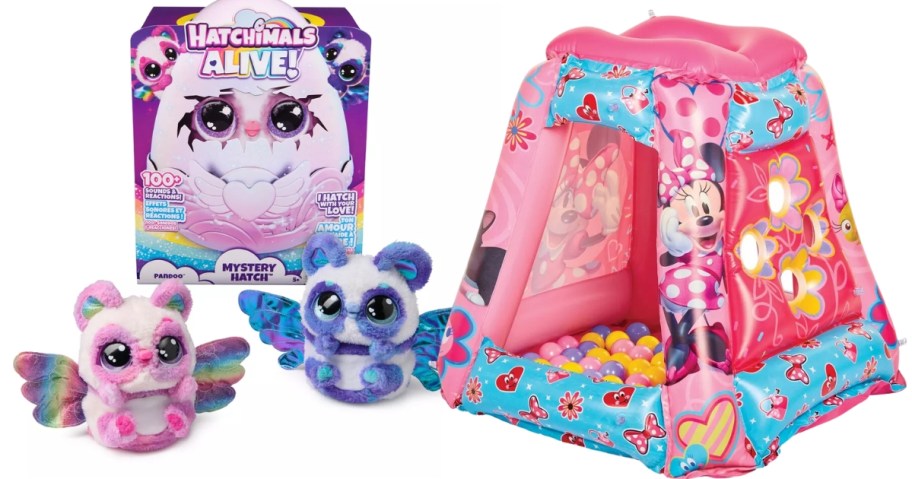 a set of 2 Hatchimals toy plush animals wit the egg they onlinee in and a Minnie Mouse inflatable ball pit tent