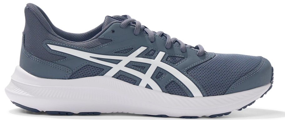 greyish blue asics running shoe