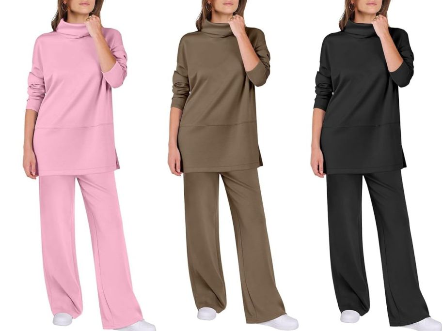 three women wearing Anrabess Women's Two-Piece Turtleneck Sweatsuits