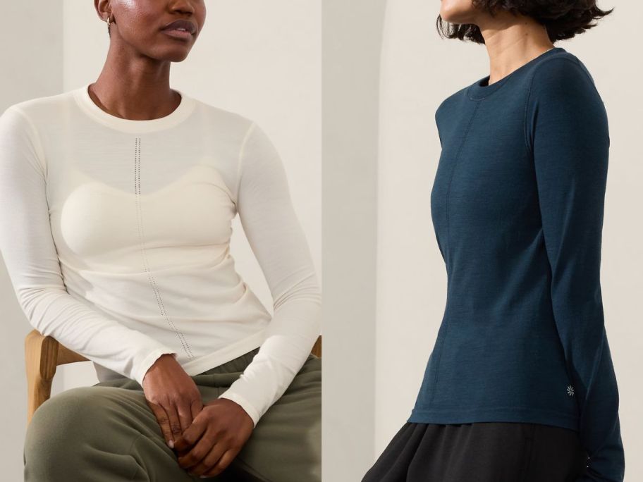 Two women wearing Athleta Ascent Long Sleeve Tops