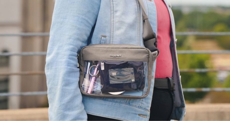 woman wearing Baggallini Clear Stadium Belt Bag Sling