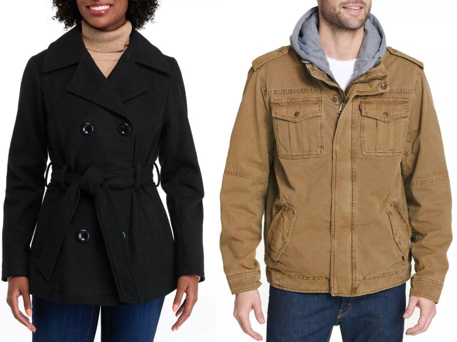 Stock images of a woman and a man wearing outerwear from Belk