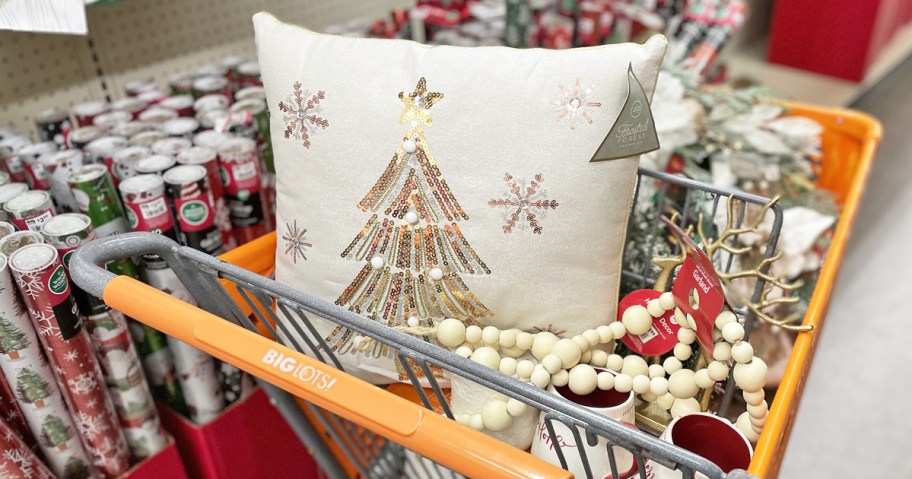 christmas items in orange Big Lots shopping cart