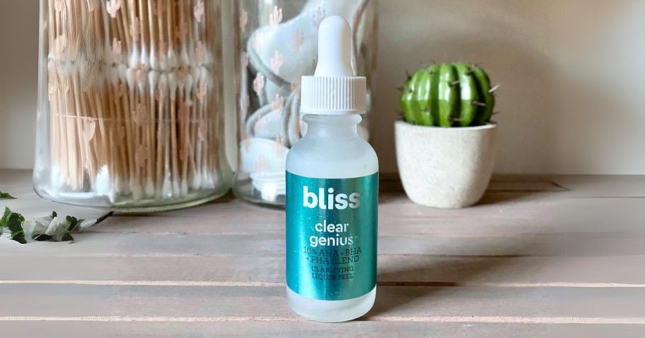 Bliss Clear Genius Clarifying Overnight Liquid Peel 1oz on counter