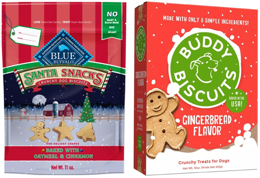 Blue Buffalo Santa Snacks Natural Crunchy Dog Treat Biscuits and Buddy Biscuits Gingerbread Flavor Holiday Dog Treats