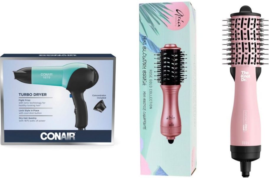 Stock images of 3 hair appliances including a blow dryer and two dryer brushes