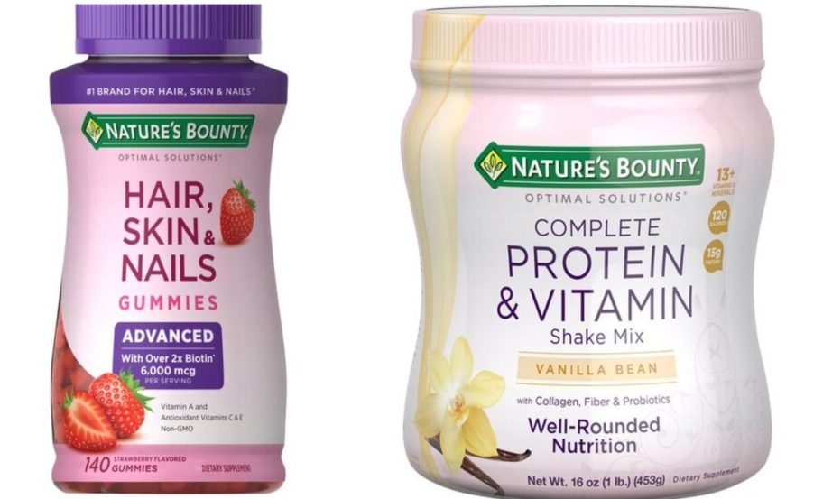 Stock images of Nature's Bounty Gummy Vitamins and a Optimal Solutions Protein Powder