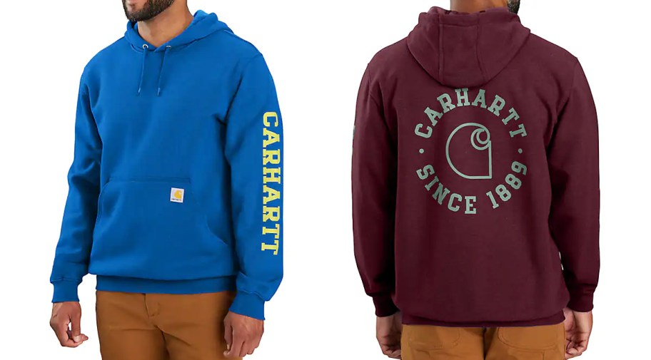 two men in blue and maroon carhartt hoodies