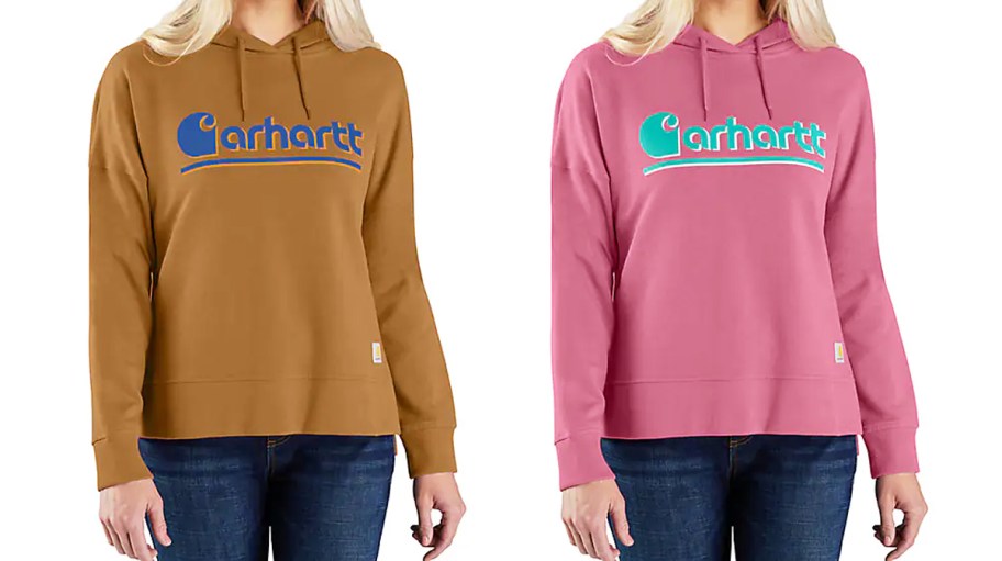 two women in brown and pink carhartt hoodies