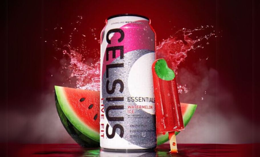 a can of sparkling watermelon ice energy drink shown with a watermelon slice and a popcicle