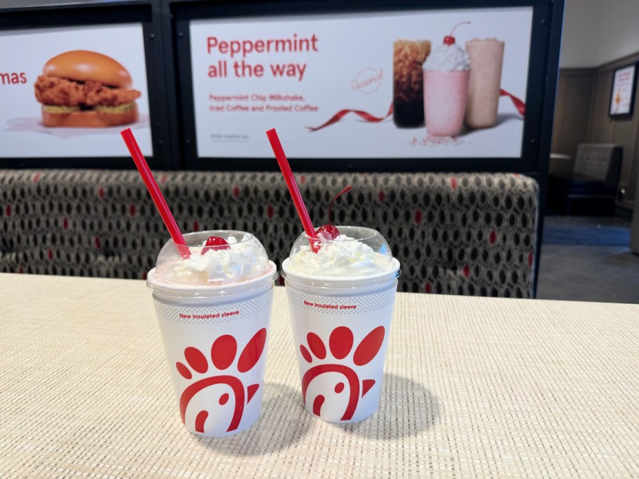 2 Chick-fil-A Peppermint Chip Milkshakes on a table