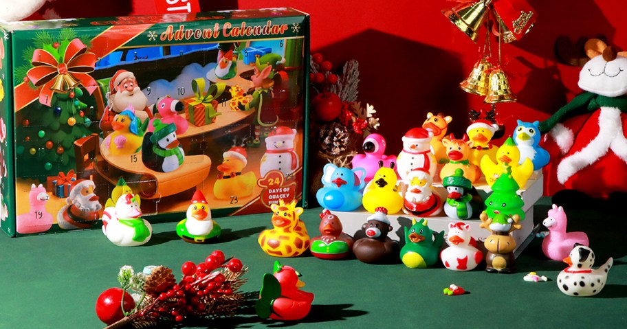 christmas rubber ducks next to an advent calendar box