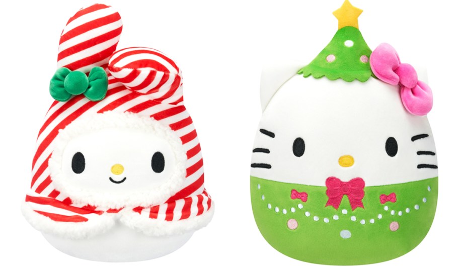 two Hello Kitty Squishmallows Christmas plush