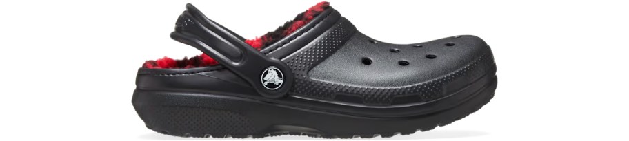 black crocs clog with red fleece lining