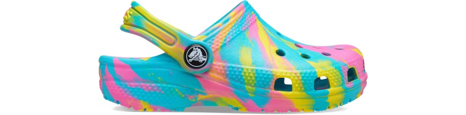 blue, yellow, and pink marbled crocs clog