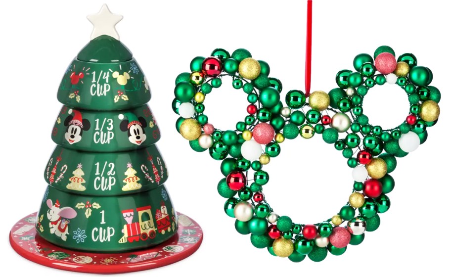 christmas tree stacking measuring cups and mickey mouse ornament wreath