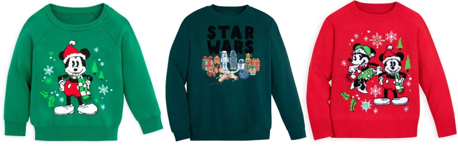 three green and red disney holiday sweaters in a row