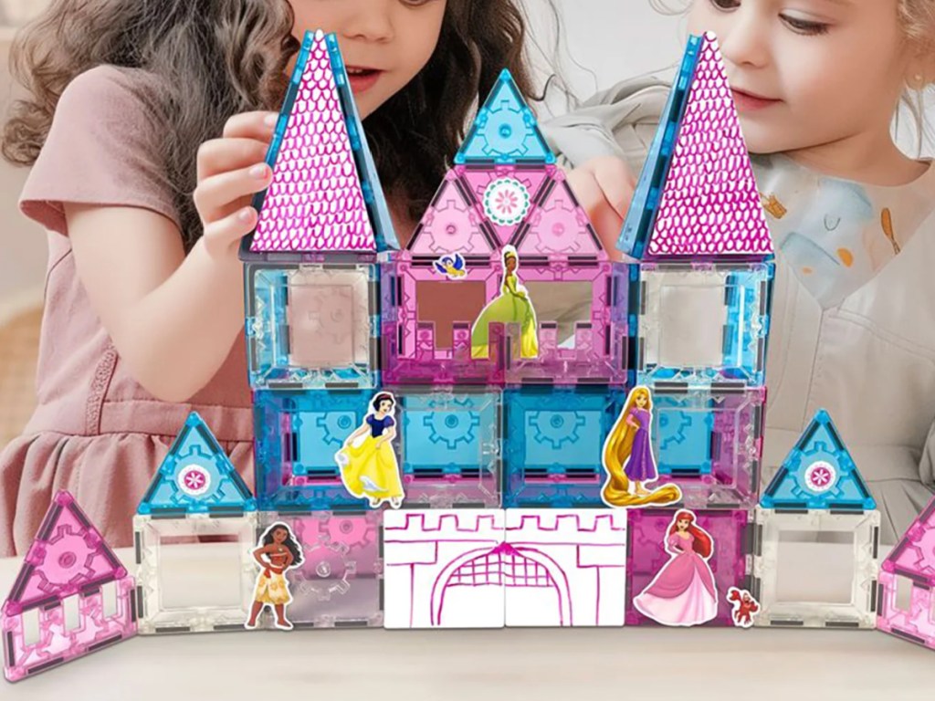 little girls playing with Tytan Tiles Disney Princess Castle Magnetic Tiles Building Set 