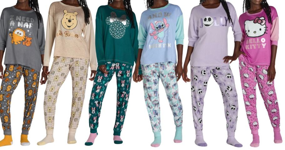 six women wearing Disney Women's Lounge Top, Pants, & Socks Sets