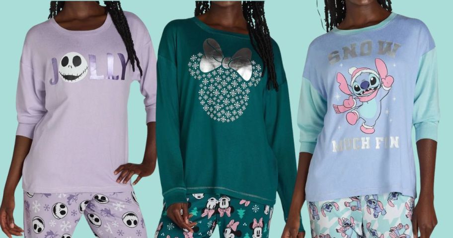 three women wearing Disney Women's Lounge Top, Pants, & Socks Sets