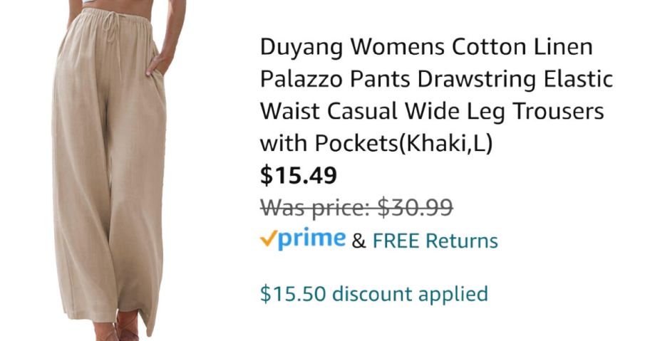 woman wearing Palazzo pants next to Amazon pricing information