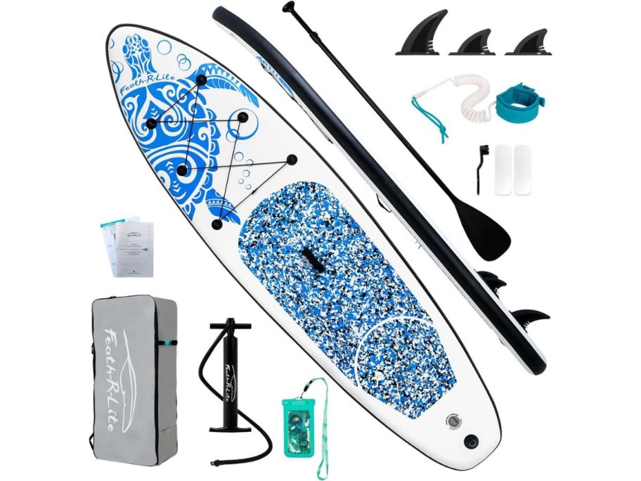 A blue FEATH-R-LITE Inflatable Ultra-Light Stand Up Paddle Board with accessories