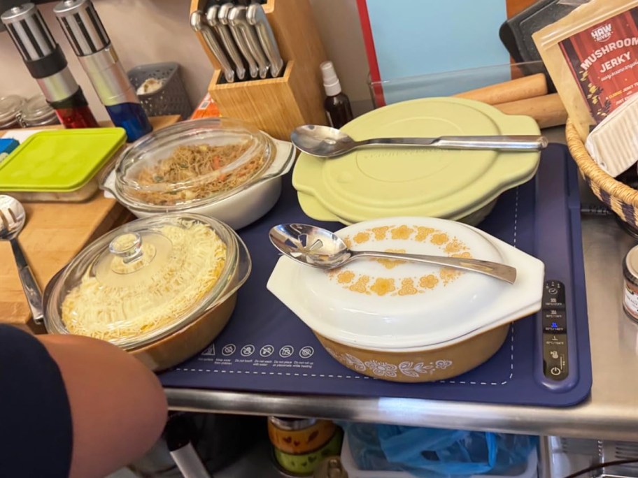 multiple baking dishes on top of a warming mat