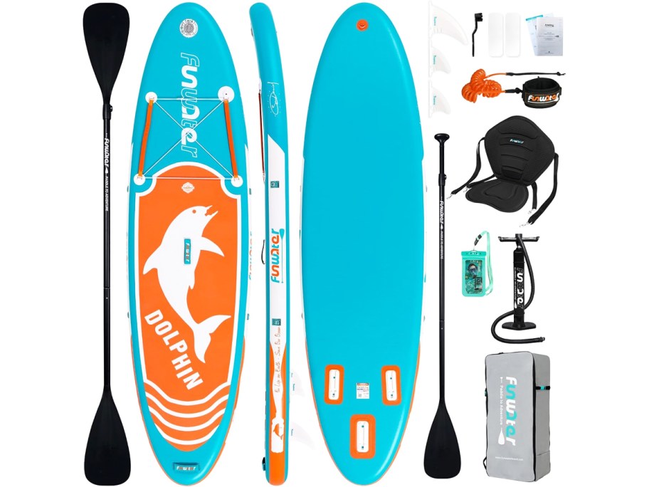 blue, orange, and white paddle board with accessories