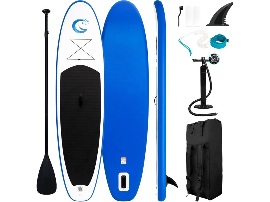 white and blue paddle board with accessories